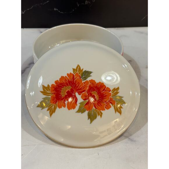 Vintage Otagiri round trinket vanity box with lid orange blooms - Picture 2 of 5
